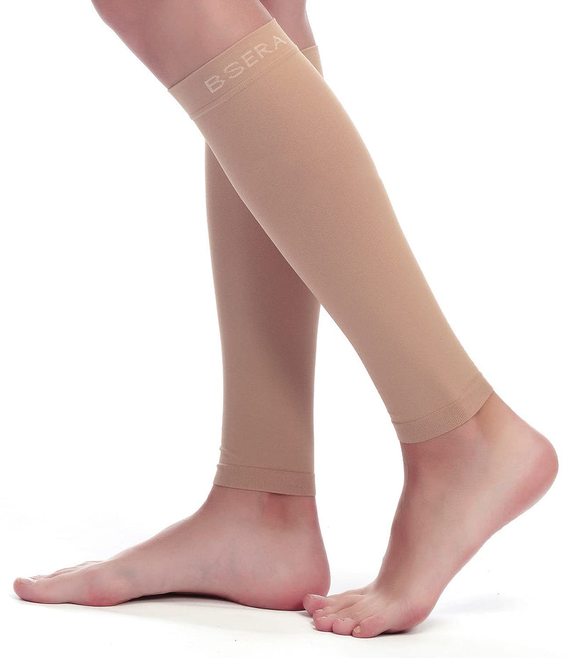 BSERA Calf Compression Sleeve Women, 2 Pairs 20-30mmHg Footless Compression Socks for Swelling Shin Splints Varicose Veins Beige Medium