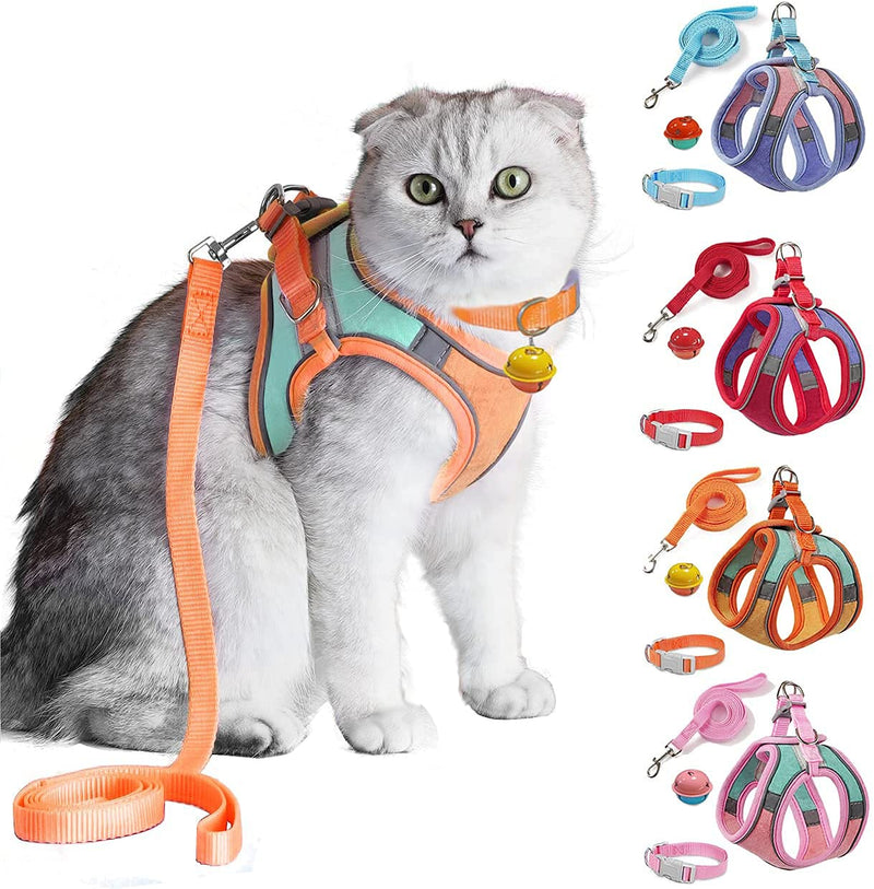 JSXD Cat Harness,Leash and Collar Set,Escape Proof Kitten Vest Harness for Walking,Easy Control Night Safe Pet Harness with Reflective Strap and Bell for Small Large Kitten,Fit for Puppy,Rabbit Medium (Pack of 1) Orange/Blue - BeesActive Australia