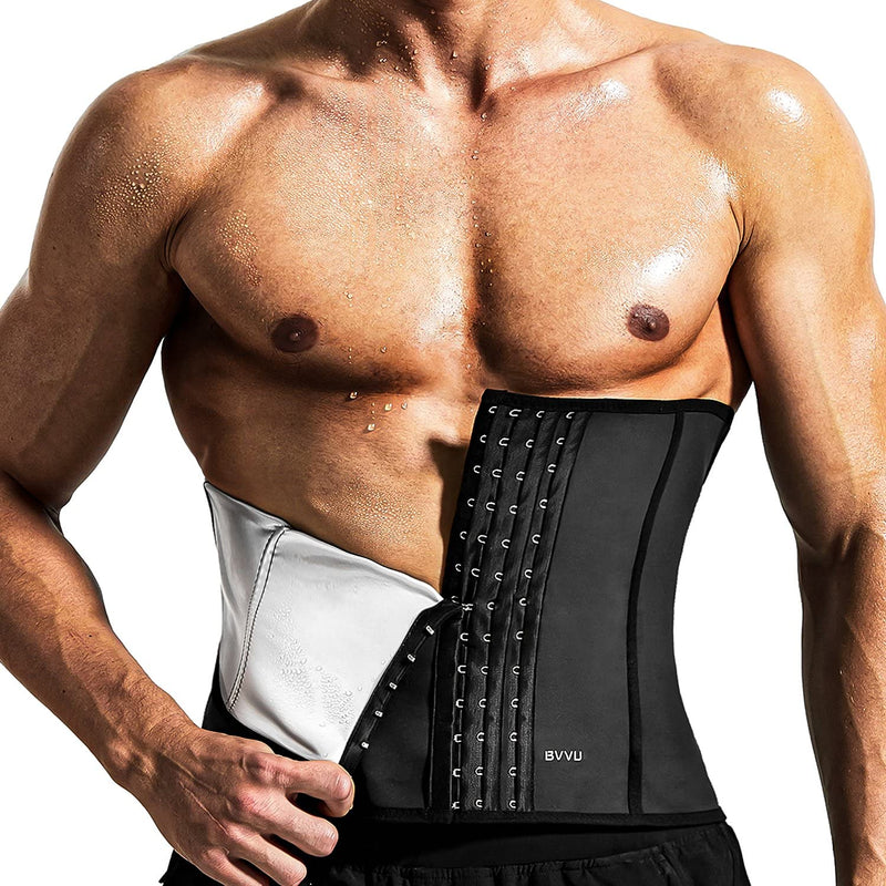 BVVU Waist Trainer for Men Waist Trimmer Tummy Control Sauna Sweat Belt Stomach Wrap Lower Belly Fat Back Support Black Large