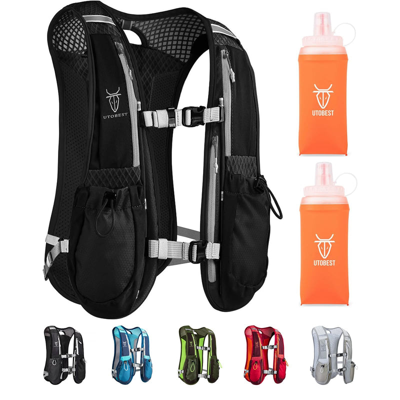 Running Vest, 5L Hydration Vest Lightweight, Breathable and Sweatproof Running Backpack, Adjustable Running Hydration Vest for Trail Running Marathon Race Jogging Cycling Black Vest 5L with 2 x Soft Flask