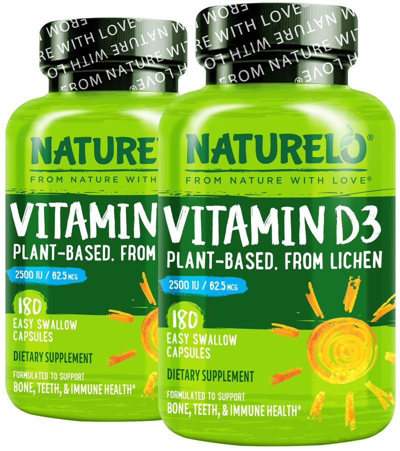NATURELO Vitamin D3 2500 IU, Joint Support & Bone Health, 180 Count, 2 Pack | Vegan D3 Supplement, Vitamin D Supplements for Immune System, Plant-Based Capsules, Non-GMO, Gluten Free Unflavored 180 Count (Pack of 2)