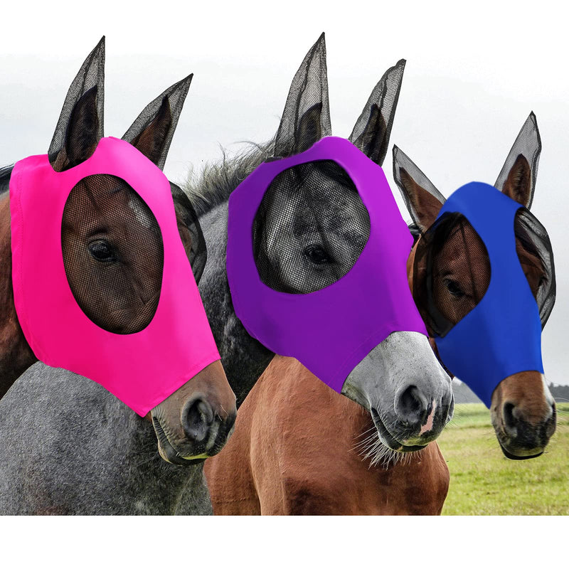 Weewooday 3 Pcs Horse Fly Masks for Horses Fly Masks with Ears Smooth and Elasticity Fly Mask with UV Protection(Purple, Royal Blue, Pink, M) Medium Purple, Royal Blue, Pink - BeesActive Australia