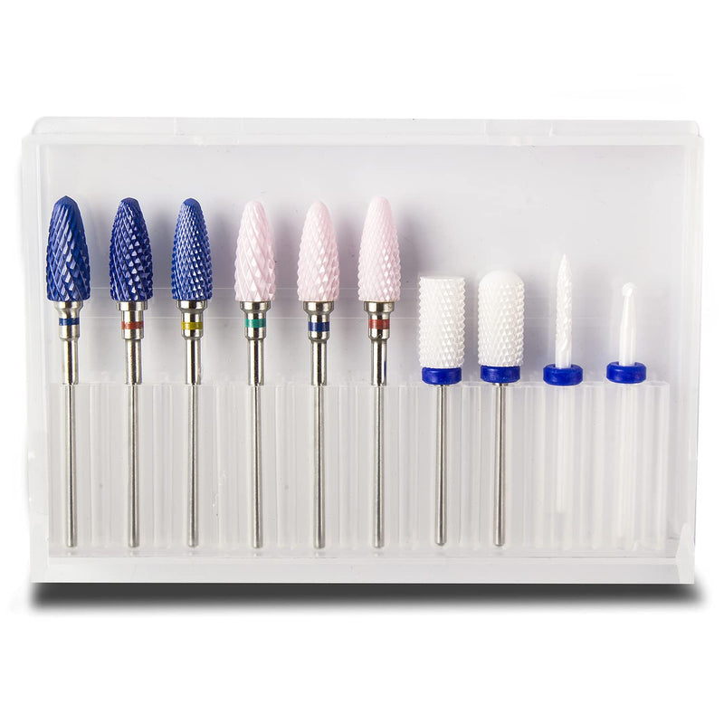 Feecy Nail Drill Bits Set Ceramic for Acrylic Nails Gel Polish Professional, 3/32 Inch Efile Nail Drill Bits Kit for Cuticle Safety Barrel Nail Art Tools with Holder, 10pcs (S10-B) S10-B - BeesActive Australia