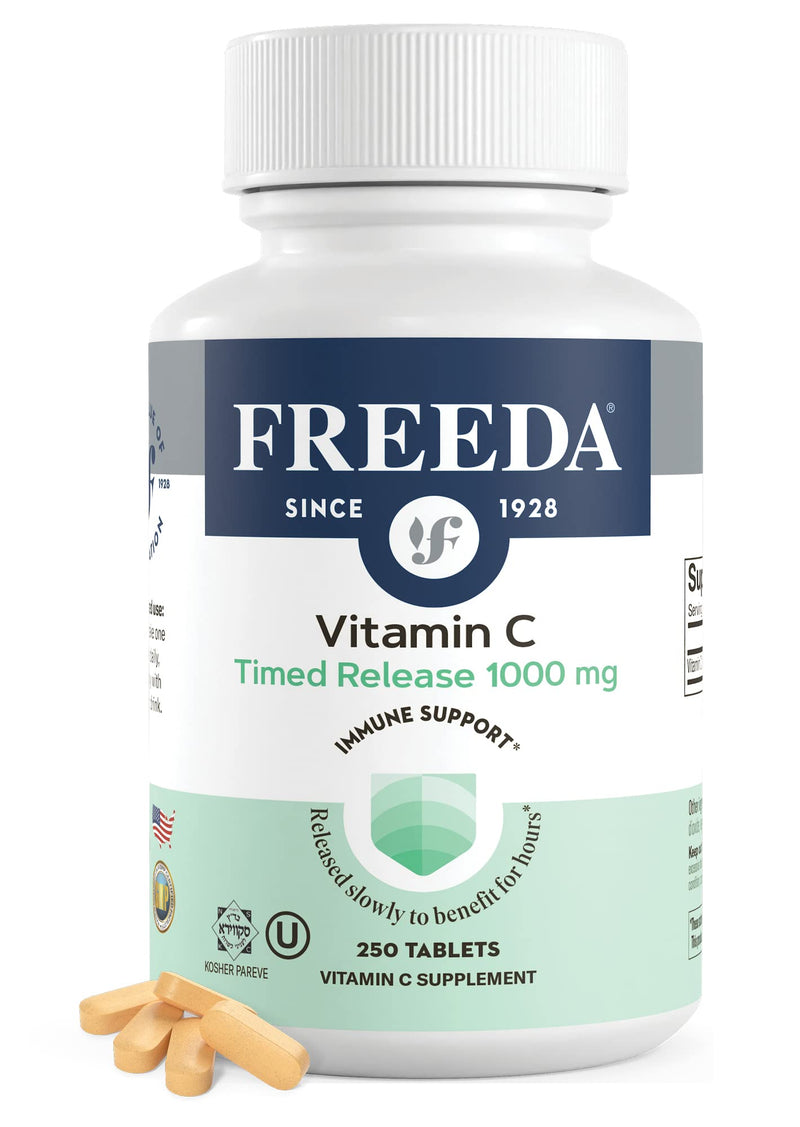 FREEDA Vitamin C - Timed Release 1000mg – Slow-Release for All-Day Immune & Antioxidant Support, Gentle on Stomach, Kosher & Vegan, High-Absorption Tablets (250 Tablets) | Supports All-Day Immune & Antioxidant Defense – Promotes Collagen & Cell Health ...