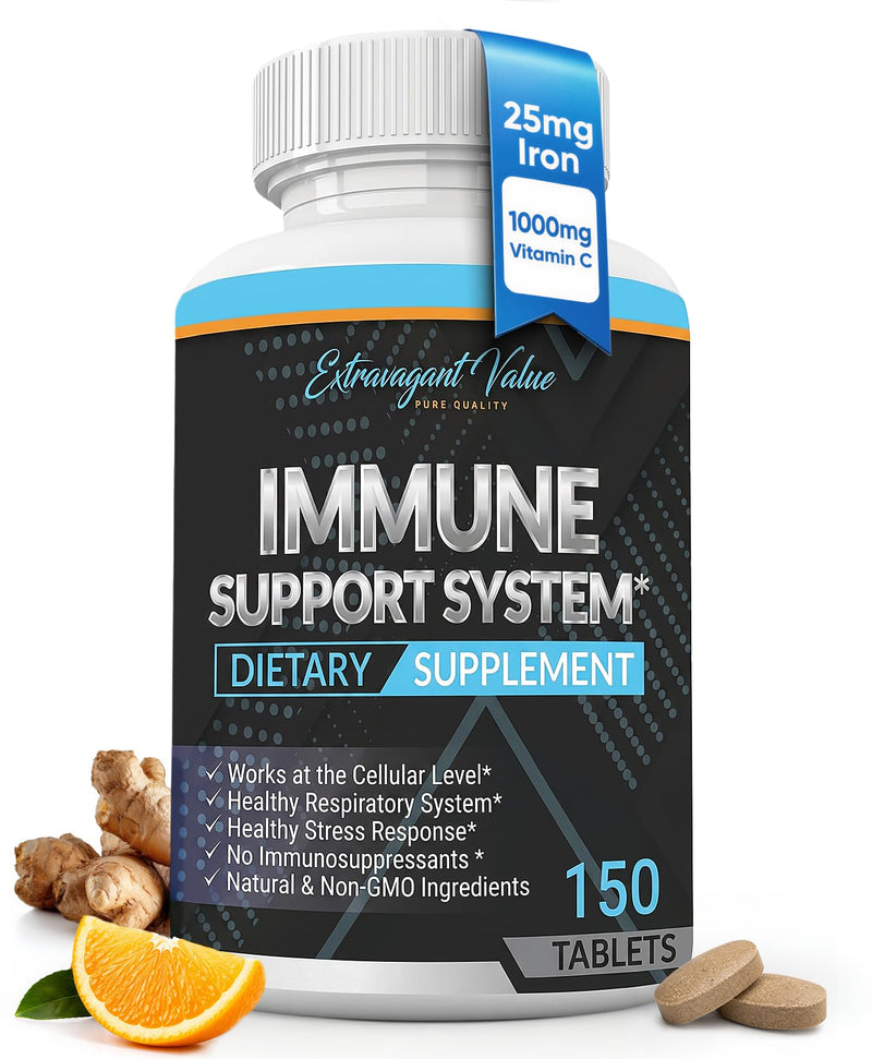 Immune Support Supplement for Men and Women - 150 Tablets | 1000 mg Vitamin C with Iron (Ferrous Fumarate) and Ginger Root, Vegan Non-GMO Daily Dietary Supplement