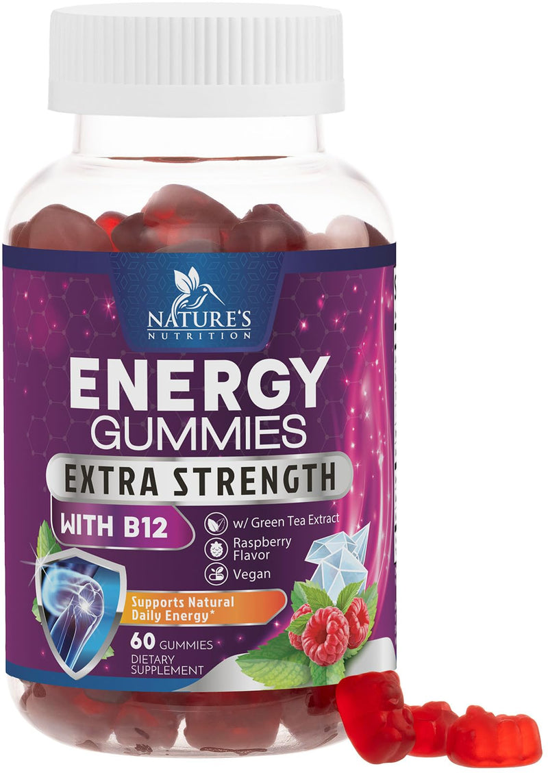 Energy Gummies - Vitamin B12 1000 mcg Per Serving - Daily Energy Chews with Natural Caffeine from Green Tea, Berry Flavored B12 Gummy Exercise Supplement for Running Cycling & Sports - 60 Gummies 60 Count (Pack of 1)