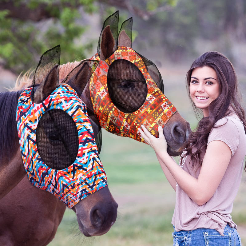 Weewooday 2 Pieces Horse Fly Masks for Horses Soft Fly Masks for Horses with Ears Smooth and Elasticity Fly Mask with UV Protection(L, Geometry Patterns) L - BeesActive Australia