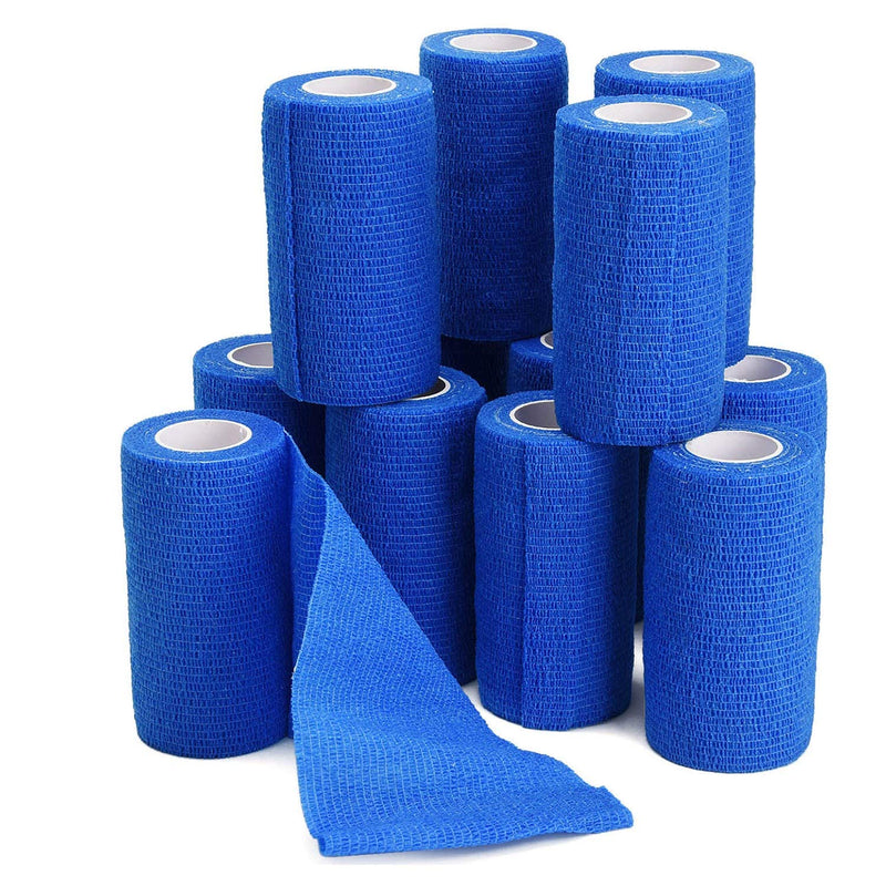 12 Pack Self Adherent Cohesive Wrap Bandages, 5 Yards Elastic First Aid Tape Medical Vet Wrap for Sports Protection and Wrist Ankle Knee Leg Sprains & Swelling (Blue, 4" x5yd / 10cmx4.5m) Blue 4"x5yd/ 10cmx4.5m - BeesActive Australia