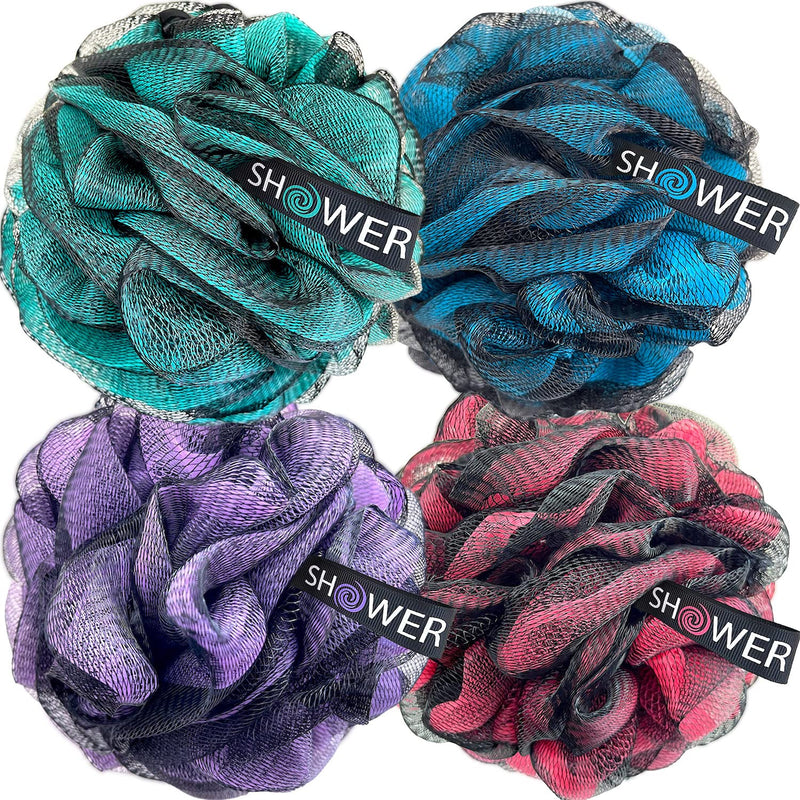 Loofah-Charcoal Bath-Sponge-Color-Set XL-75g by Shower Bouquet - Extra Large 4 Pack, Soft Mesh Black Bamboo Loufa Puff - Exfoliating Body Scrubber for Women and Men: Soothing Face & Body Exfoliator Charcoal Blue, Green, Purple & Red - BeesActive Australia