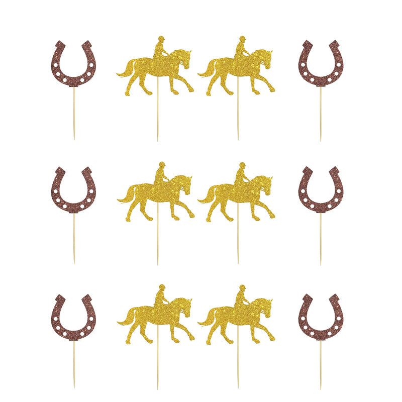 24PCS Kentucky Derby Cupcake Toppers, Equestrian Horse Themed Party Decor, Baby Shower Party Supplies, Horseshoe Sign Food Picks, Gold Glitter