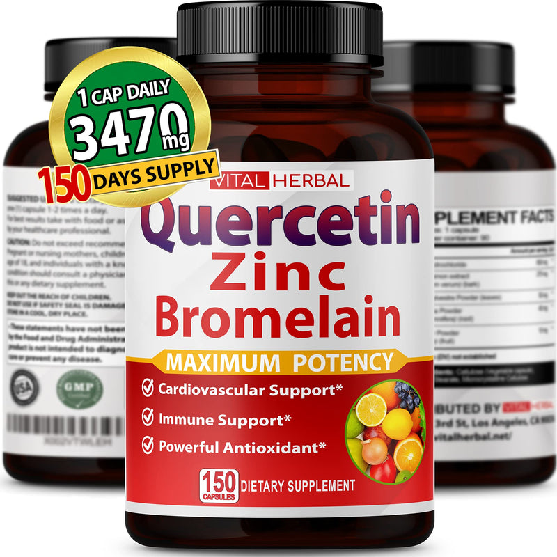 Premium High Purity Quercetin 98% with Bromelain Capsules Equivalent to 3470 mg - Maximum Potency with Green Tea Ashwagandha - Supports Overall Health Strength Energy - 150 Days Supply - BeesActive Australia