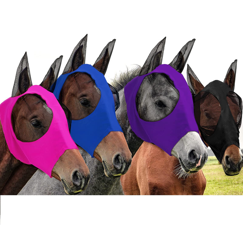 Frienda 4 Pcs Horse Fly Masks for Horses Fly Mask for Horses with Ears Protection Horse Mask Smooth Elastic Fly Mask with Sun Protection for Horses(Purple, Blue, Pink, Black, Large) Purple, Blue, Pink, Black