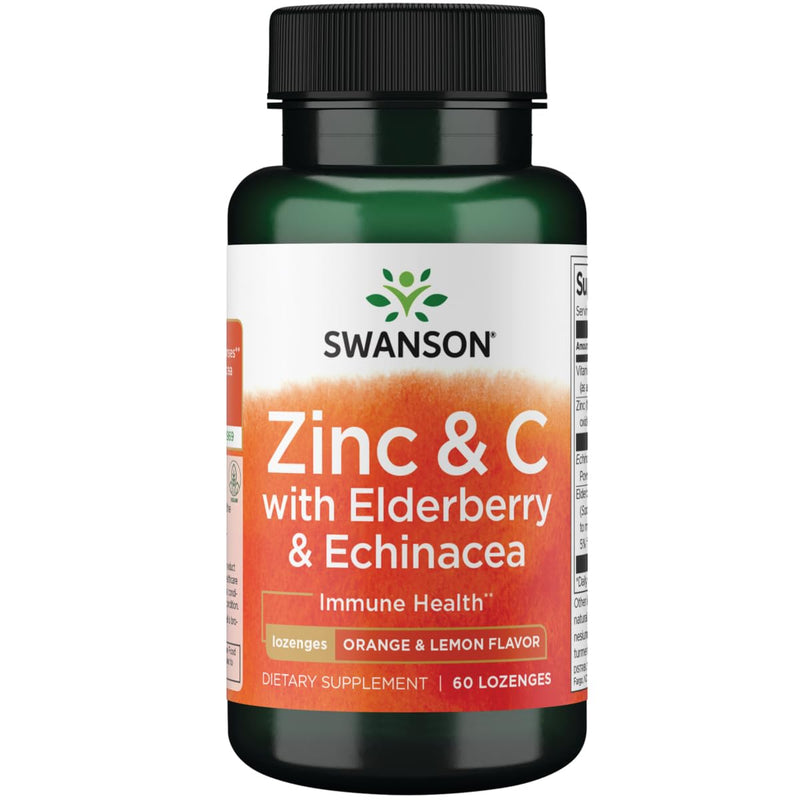 Swanson Zinc & Vitamin C Lozenges with Elderberry & Echinacea, 60 Fl Oz | Multifaceted Immune Support in a 4-in-1 Orange-Lemon Lozenge with Elderberry, Echinacea, Zinc and Vitamin C, Vegan