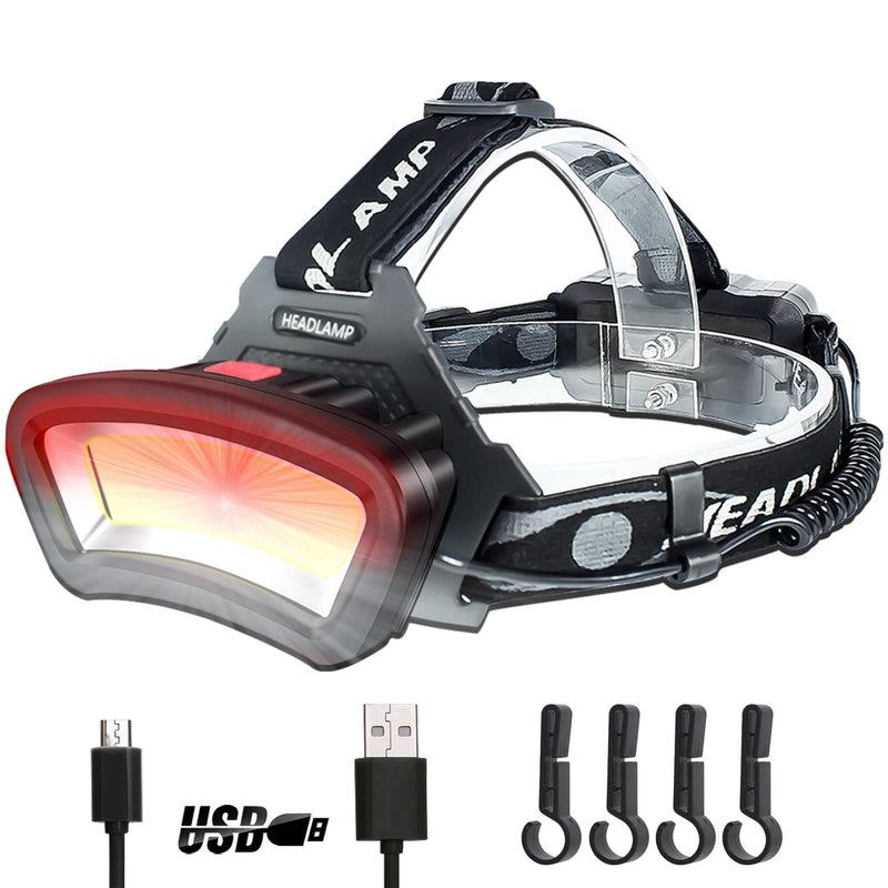 DARKBEAM Hard hat Headlamp COB LED Floodlight with Red Light USB Rechargeable 2000 Lumen - Car Maintenance and Night Construction - Included Rechargeable Battery Last for 6-10 Hours