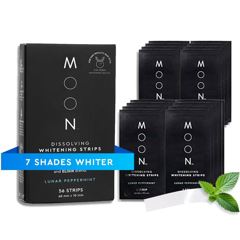 MOON Dissolving Teeth Whitening Strips - Vegan, Easy-to-Use, No Rinse White Strips - Hydrogen Peroxide and Essential Oils Infused Gentle Teeth Whitening Kit - Travel Essentials for Oral Care (56 Ct) Lunar Peppermint (28 Treatments) - BeesActive Australia