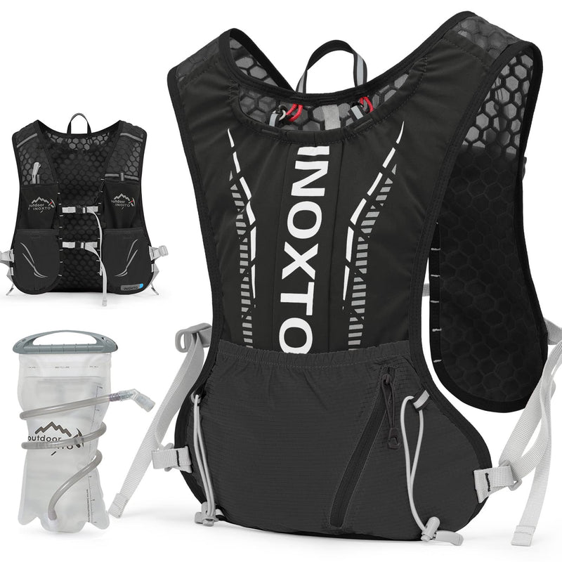 INOXTO Hydration Vest Backpack,Lightweight Water Running Vest Pack with 1.5L Water Bladder Bag Daypack for Hiking Trail Running Cycling Race Marathon for Women Men Black white