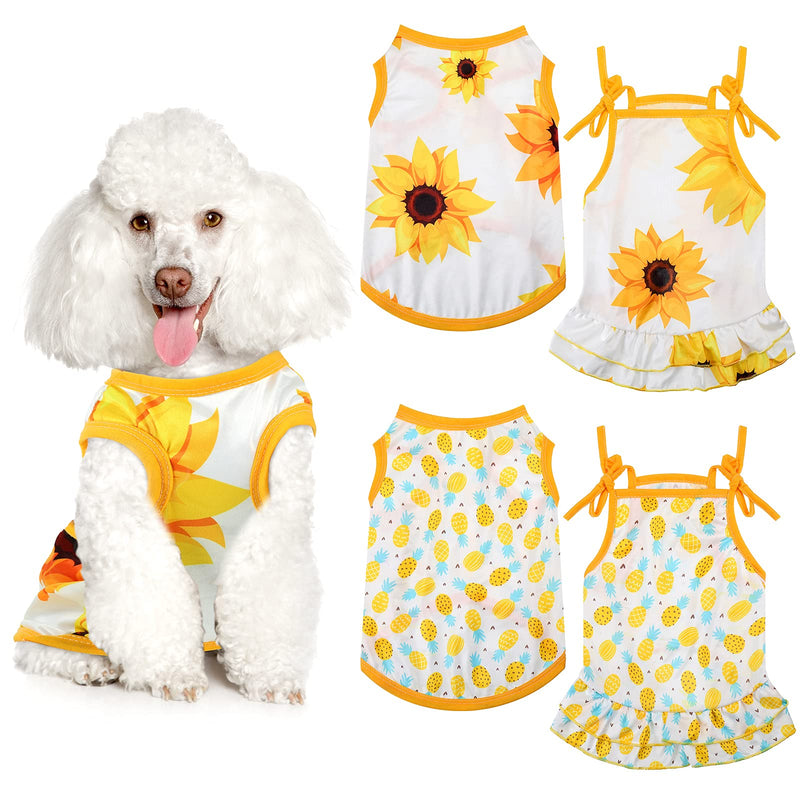 4 Pieces Pet Clothes Set Include 2 Pieces Cute Pet Dress Lovely Fruit Dog Dress and 2 Pieces Dog Shirt Breathable Pet T-Shirt Puppy Clothes for Pet (Pineapple, Sunflower,Medium) Pineapple, Sunflower Medium
