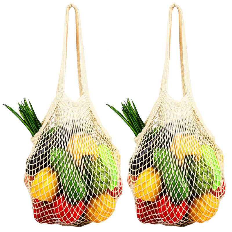 [2 Pack] Premium Mesh Grocery Bags, Reusable Produce Bags, Long Handle Net Tote Bags, 100% Cotton String Bags, Fruit and Vegetable Bags, Beige (Portable/Washable/Durable) - BeesActive Australia
