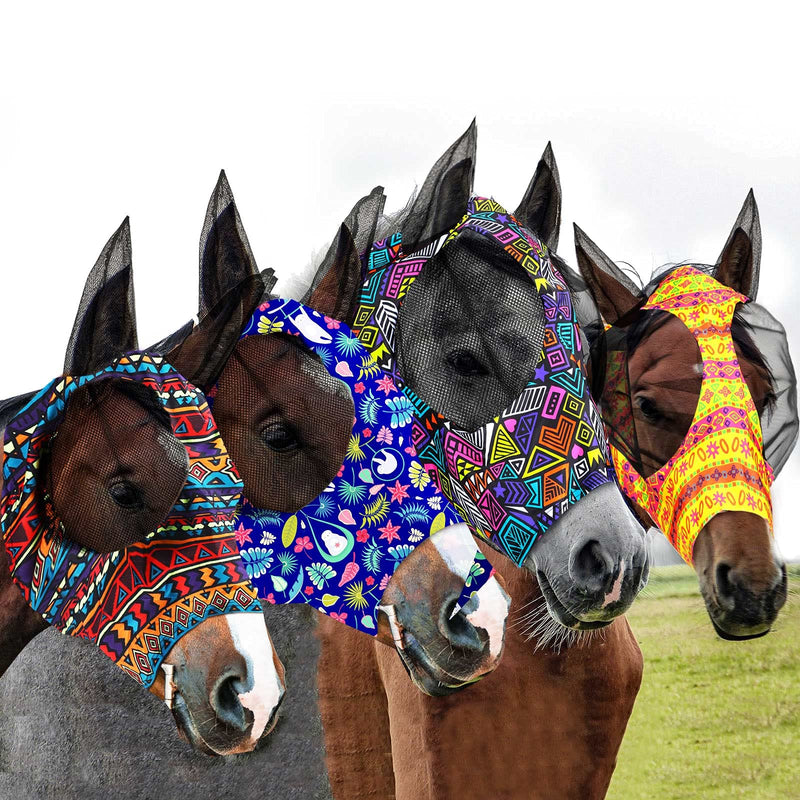 Frienda 4 Pieces Horse Fly Masks for Horses Horse Fly Mask with Ears Face Covering Elasticity Smooth and Comfortable Horse Mask with UV Protection(Large, Geometric) Large