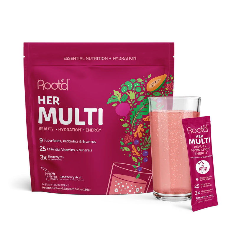 Root'd Multivitamin Powder for Women - 25 Vitamins & Minerals - 24 Count | 3X Electrolytes, 9 Organic Superfoods, Probiotics & Enzymes, Sugar-Free Multivitamin & Hydration - Raspberry Acai 0.22 Ounce (Pack of 24) Her (Raspberry Acai)
