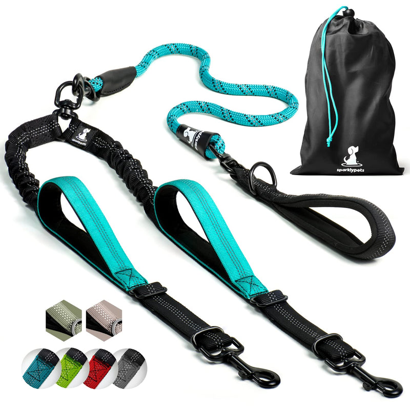 SparklyPets Double Dog Leash for 2 Dogs – Rope Bungee Dual Leash for Medium and Large Dogs with Padded Handles & Tangle Free (Teal, Medium/Large) Teal - BeesActive Australia