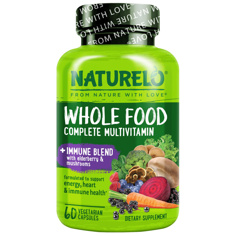 NATURELO Whole Food Multivitamin + Immune Blend with Elderberry & Mushrooms - Complete Multivitamin with Extra Immune Support - C, D3, Zinc, Elderberry, Reishi, Shitake - 60 Vegan Capsules 60 Count (Pack of 1)