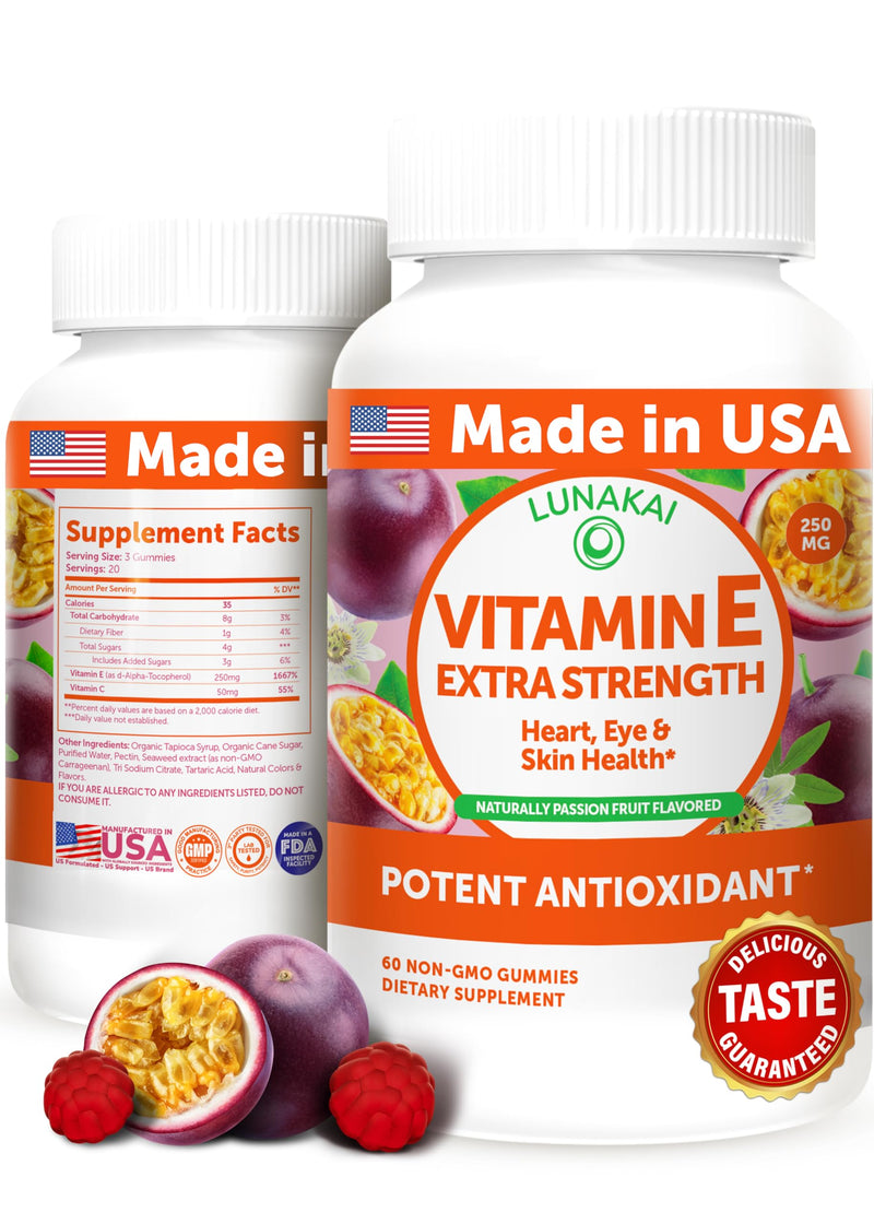 Vitamin E Gummies with Vitamin C - Tastiest Proprietary Formula - 250mg (400IU) Vit E - Antioxidant, Skin & Eye Health Support, Non-GMO, Vegan Vitamin E Supplement - Natural Vitamina E Gummy - 60Count Single Bottle - BeesActive Australia