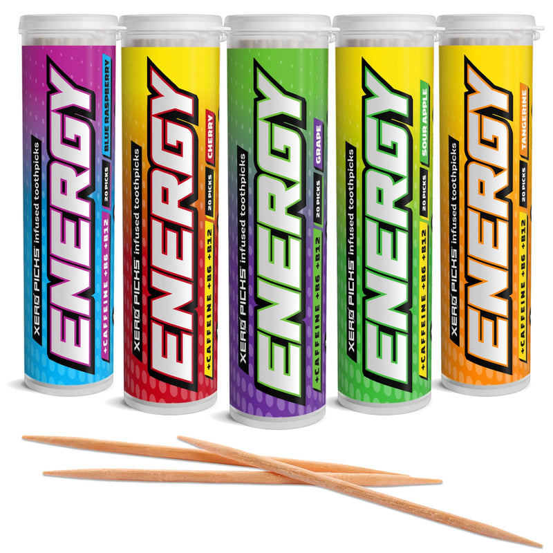 Xero Picks Energy Infused Flavored Toothpicks with Caffeine, B12 and B6 (Variety Pack, 20 Count (Pack of 5)) Non-GMO Kosher Vegan Variety Classic 20 Count (Pack of 5) - BeesActive Australia