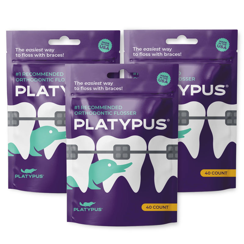 Platypus Orthodontic Flossers for Braces, 40 Count (Pack of 3), Ortho Picks for Adults & Kids, Fits Under Arch Wire, Non-Damaging, Encourage Flossing Habits 40 Count (Pack of 3) - BeesActive Australia