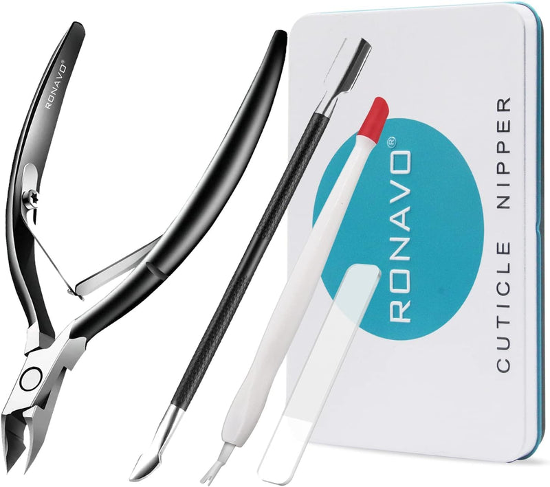 Cuticle Trimmer with Cuticle Pusher, RONAVO Cuticle Remover Stainless Steel Professional Cuticle Nipper, Durable Pedicure Manicure Tools (Matte Black) Matte Black