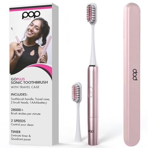 Pop Sonic Go Plus – Rose Gold – Electric Toothbrush for Adults – 2 Speed – Electric Toothbrush – Bathroom Essentials & Travel Essentials – Dupont Nylon Bristles –18000-24000 Strokes/Min w/AAA Battery