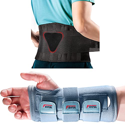 FEATOL Bundle of Carpal Tunnel Wrist Brace for Relieve and Treat Wrist Pain with Back Brace for Back Pain Relief, Herniated Disc, Sciatica