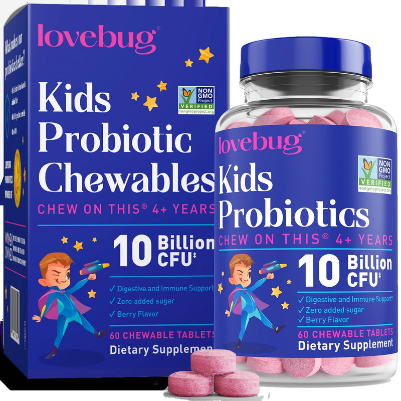 LOVEBUG Probiotics for Kids – Probiotic Chewables with Prebiotic Fiber for Age 4+, Daily Children's Gut Health, Constipation, Digestive & Immune Support Supplement, Sugar-Free Berry Flavor, 60 ct 60 Count (Pack of 1)