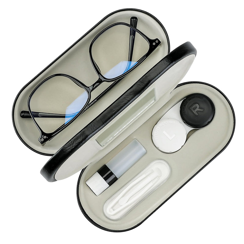 2 in 1 Contact Lens Case and Glasses Case,Double Sided Dual Use Design with Mirror, Tweezer and Contact Lens Solution Bottle,Portable Soak Storage Kit for Travel,Office(Black) Black