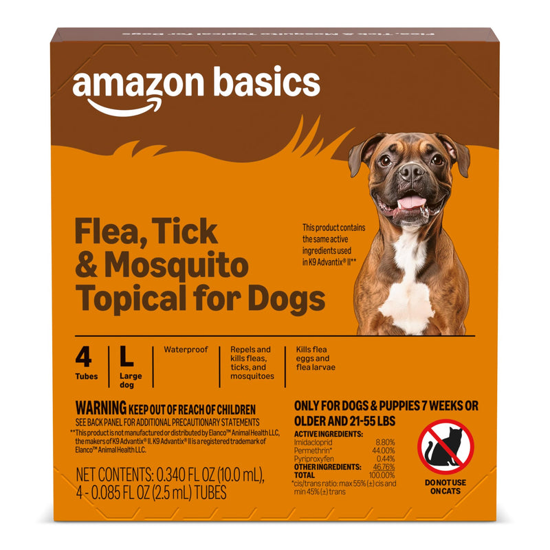 Amazon Basics Preventative Flea, Tick & Mosquito Topical Treatment for Large Dogs (21-55 Pounds), Kills Fleas, 4 Count, Packaging May Vary Large Dogs (21 - 55 lbs)