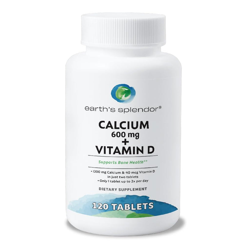 Earth's Splendor Calcium 600mg with Vitamin D Bone Support 120 Tablets | Calcium 600mg with Vitamin D Supplement Bone Health Support Daily Wellness Men Women 120 Tablets Calcium 600 mg + Vitamin D