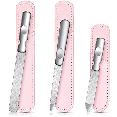 3 Pcs Stainless Steel Nail File Kit with Leather Case, Double Sided, Pink