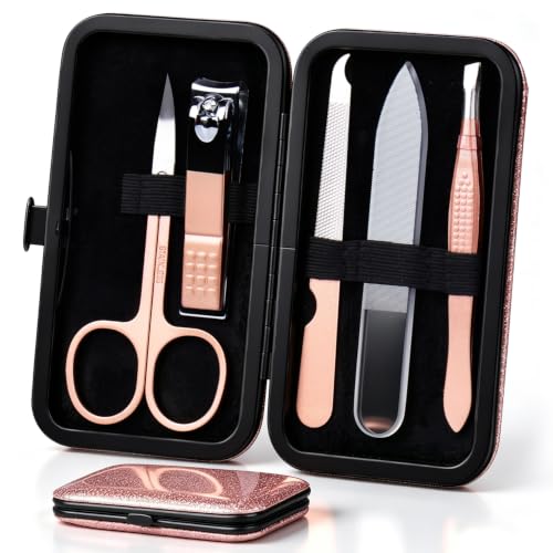 HANTEKAS Manicure Set Nail Clippers Kit 5 Pieces in 1 Stainless Steel Professional Grooming Nail Care Tools Including Nano Glass Nail Shiner Buffer File Gift for Men Husband Boyfriend Parents Women Black-rose Gold, 5pcs