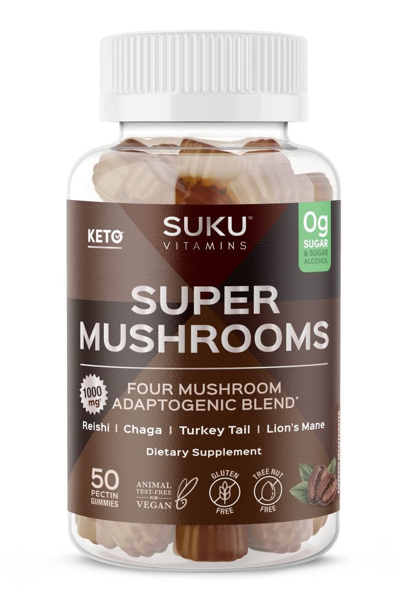 SUKU Vitamins - Super Mushroom -Reishi Chaga, Turkey Tail & Lions Mane Blend Gummies for Immunity - Easy to Chew - Non GMO, Gluten Sugar Free - Espresso Decaffeinated Flavored Gummy Vitamins, 50 Count