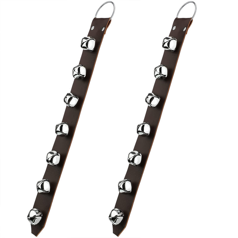 Frienda Hanging Jingle Sleigh Bells 7-Bell Dog Doorbells for Door Knob Faux Leather Belts Dog Training Bells Christmas Decor and Holiday Home Decorations, 18.7 x 1.8 x 1 Inches(Brown with Silver) Brown with Silver
