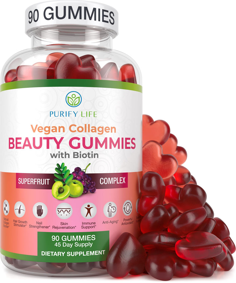 Vegan Collagen Booster Gummies with Biotin, Support Hair, Skin, Nail Health | Collagen support superfruit complex with vitamin A, E, C & biotin - tasty alternative to capsules & pills, vegan, made in USA Beauty Gummies