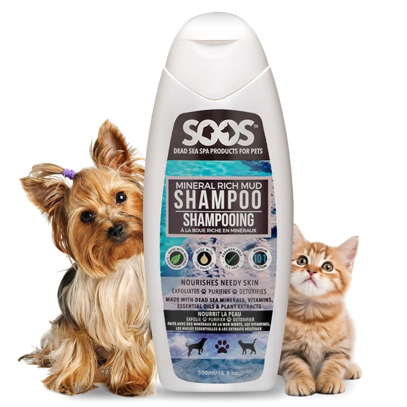 Soos Pet Dog Shampoo for Cats and Pets Mineral Rich Mud Natural Dead Sea Cruelty Free Fast Absorbing Skin Cooling First Aid Antib-acterial and Antif-ungal Odor Remover - 1x Pet Shampoo (500ml) - PawsPlanet Australia