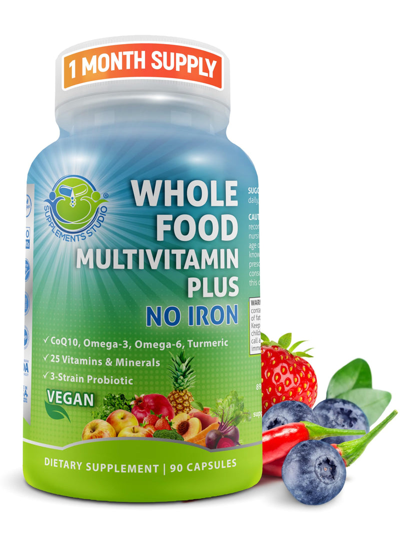 Vegan Whole Food Daily Multivitamin Without Iron, Methylated Multivitamin for Women and Men, Made with Fruits & Vegetables, B-Complex, Probiotics, Enzymes, CoQ10, Omegas, Turmeric, Non-GMO, 90 Count 90 Count (Pack of 1) Unisex Multivitamin No Iron