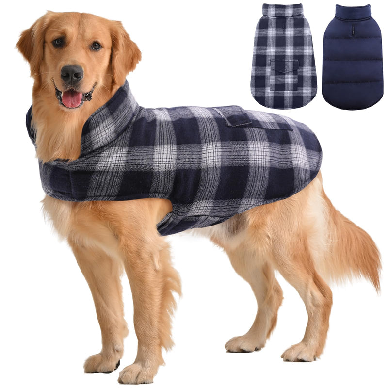 Kuoser Dog Winter Coat, Reversible Dog Jacket, Warm Dog Coat British Style Puppy Cold Weather Coat, Windproof Dog Clothes Dog Vest for Small Medium and Large Dogs Dark Blue L Large (Chest Girth: 20.9-24.4'') Blue Plaid - BeesActive Australia
