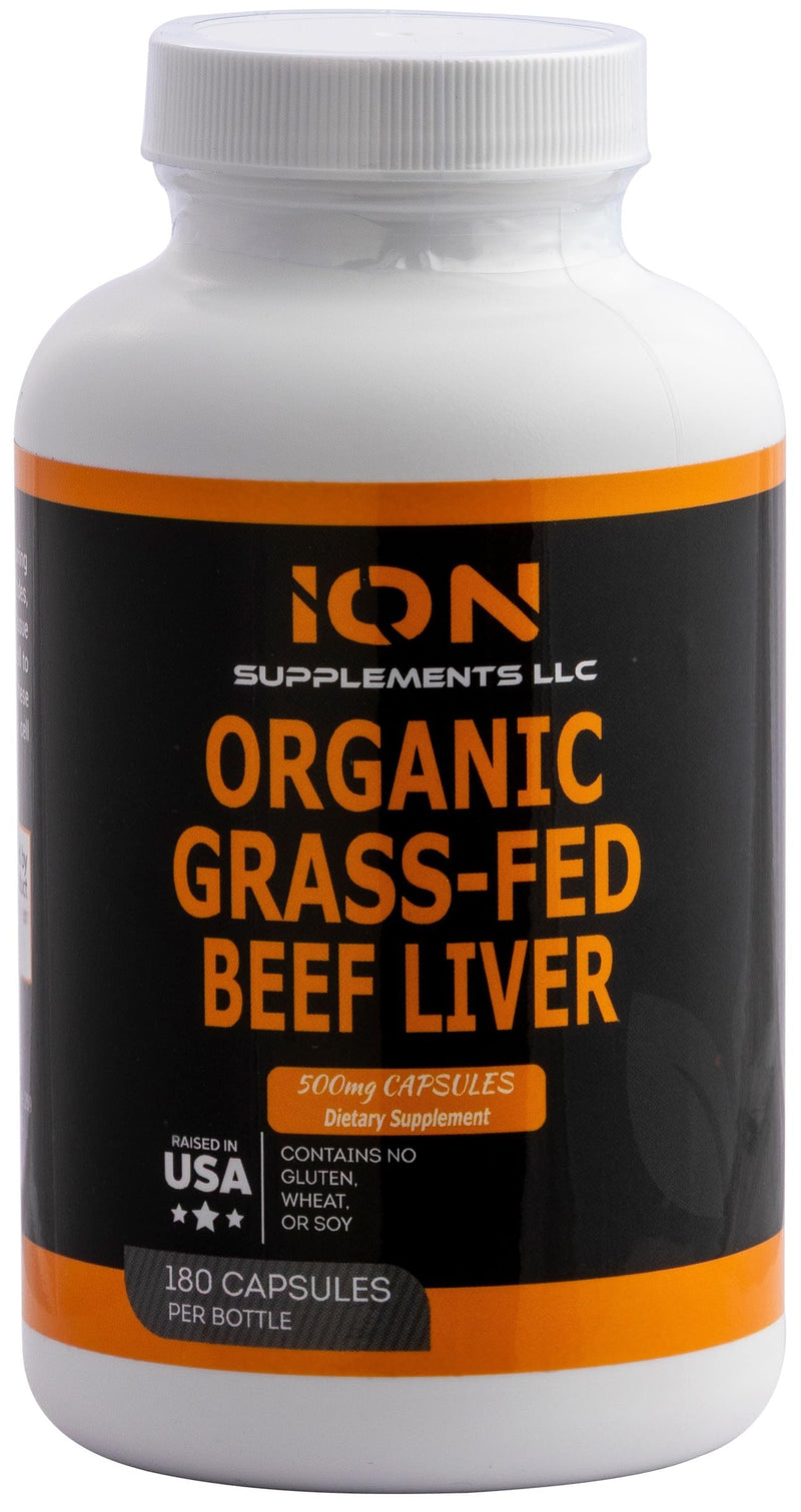 USDA Organic Grass Fed Beef Liver Capsules (180 Caps) - Pasture Raised - Iron, Vitamin A, B, Collagen - Promotes Energy, Detoxification, Whole Body Wellness - Ancestral Paleo Living - Ion Supplements