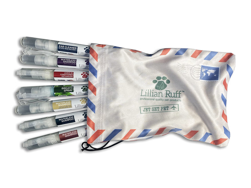 Lillian Ruff Travel Kit for Dogs | Dog Grooming Spray for Airline Travel, Dog Camping, Dog Beach | Deodorizing Waterless Dog Shampoo x4, Dog Breath Freshener, Dog Detangler Spray, Dog Ear Cleaner - PawsPlanet Australia