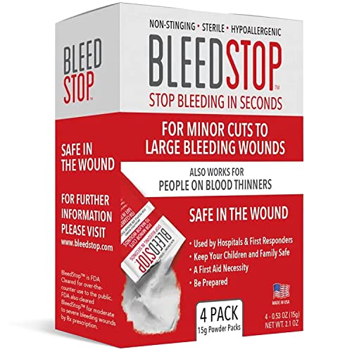 BleedStop™ First Aid Powder for Blood Clotting, Trauma Kit, Blood Thinner Patients, Camping Safety, and Survival Equipment for Moderate to Severe Bleeding Wounds or Nosebleeds - 4 (15g) Pouches 15g (4 Pack)
