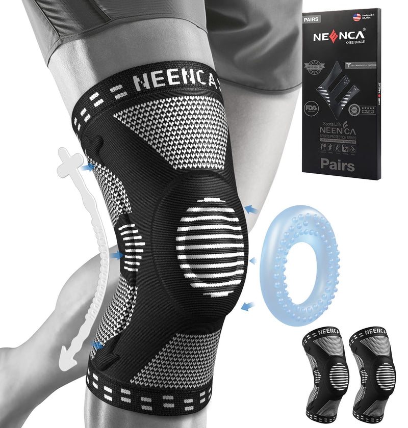 NEENCA 2 Pack Knee Braces for Knee Pain, Compression Knee Sleeves with Patella Gel Pad & Side Stabilizers, Knee Support for Meniscus Tear, Arthritis, Joint Pain, ACL, Runner, Workout- FSA/HSA APPROVED Large Black (pack of 2)