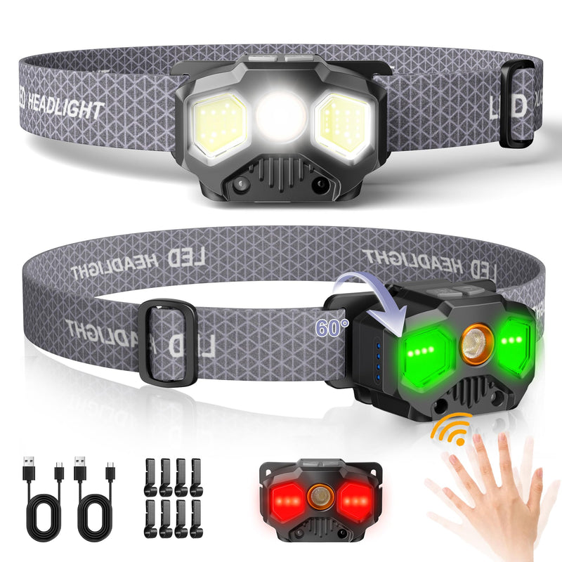 2 Pack Headlamp Rechargeable, 1400 Lumen Lightweight Head Lamps LED Rechargeable with White Green Red Light, Waterproof Motion Sensor Head Lamp,14 Modes with Memory Function for Running Black 2 Pack