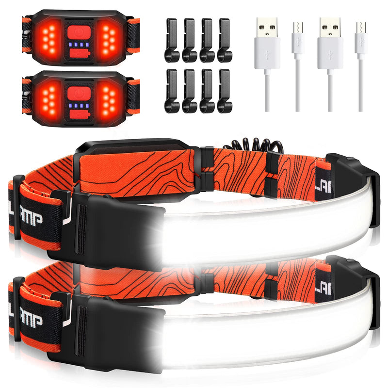 2 Packs Rechargeable Headlamp, 230°Wide-Angle 1000 Lumens Headlamp Flashlight with Red Taillight 3 Light Modes Lightweight LED Head Lamp Adjustable Waterproof Head Light for Running Cycling Orange(2-Pack) - BeesActive Australia